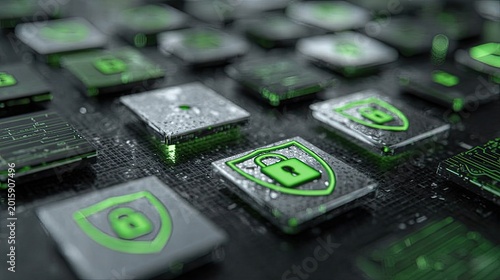 Digital network security protection, abstract, glowing green locks