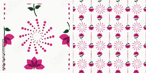 Pink Floral & Abstract Dot Seamless Vector Pattern For Textile Print
