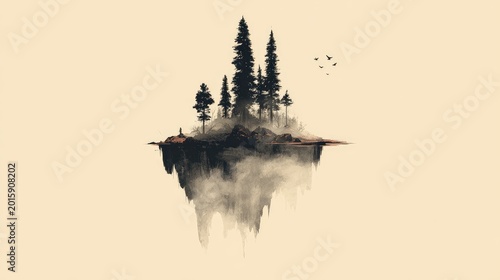 Misty, surreal island forest with reflection below
