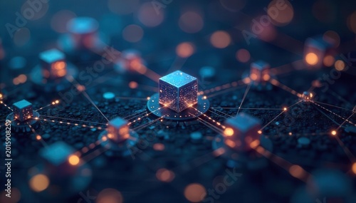 Close-up of interconnected blockchain nodes representing decentralized technology and connectivity , data, block