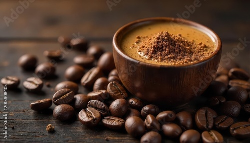 Dark roasted coffee beans and dried lion's mane pieces blended together to create a unique and energizing beverage , dark roast, energizing