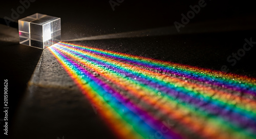 A prism splitting white light into its constituent colors, creating a vibrant rainbow spectrum on a dark background