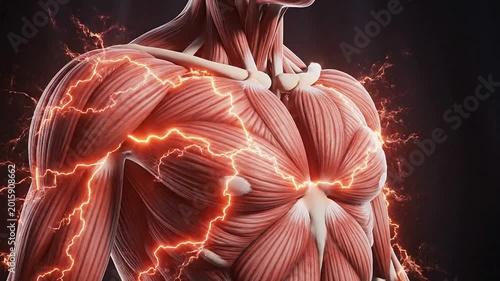 High-Definition CGI Visualization of Muscle Tension Overlay Depicting Energy Flow and Pain Response in Human Anatomy