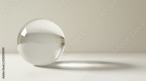 Transparent Crystal Ball with Light Refraction and Long Shadow on Minimalist Background