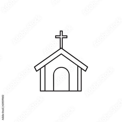 Small church building with arched entrance and cross outline vector.