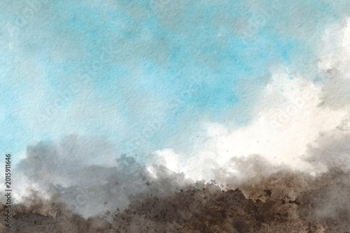 Soft watercolor washes blend sky blues with earthy grays and browns