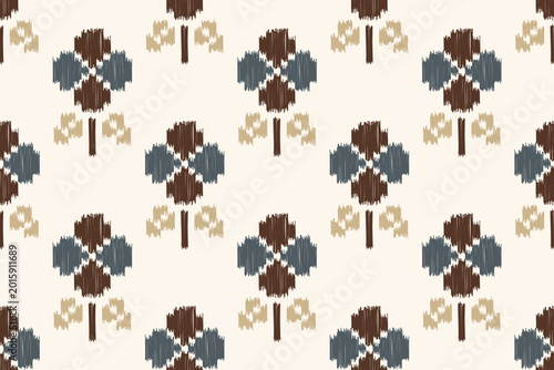 Seamless Bohemian Ikat Floral Pattern with Abstract Geometric Flowers in Brown, Slate Blue, and Beige on Cream Background, Ethnic Tribal Textile Design for Fabric, Wallpaper, and Home Decor Print.