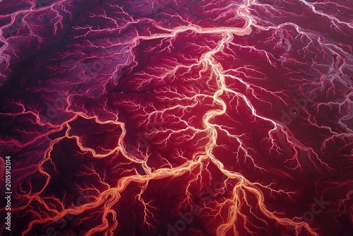 Aerial view of glowing red network of river channels and tributaries
