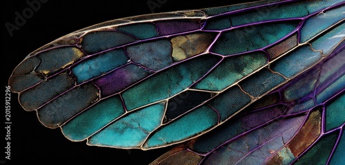 Close-up view of iridescent insect wing segments with colorful veins
