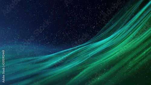 Swirling blue and green abstract light streaks with shimmering particles