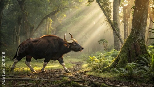 Adult male Gaur wild ox (Bos gaurus) in its natural tropical forest habitat in India.