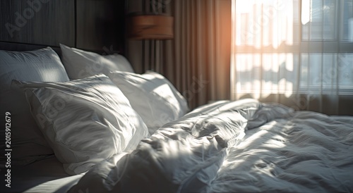 Unmade bed with plush pillows and rumpled duvet bathed in morning sunlight