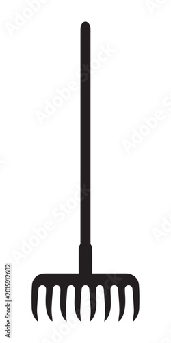 Konstfotografi Black silhouette of a garden rake with multiple curved tines and a long handle, isolated on white