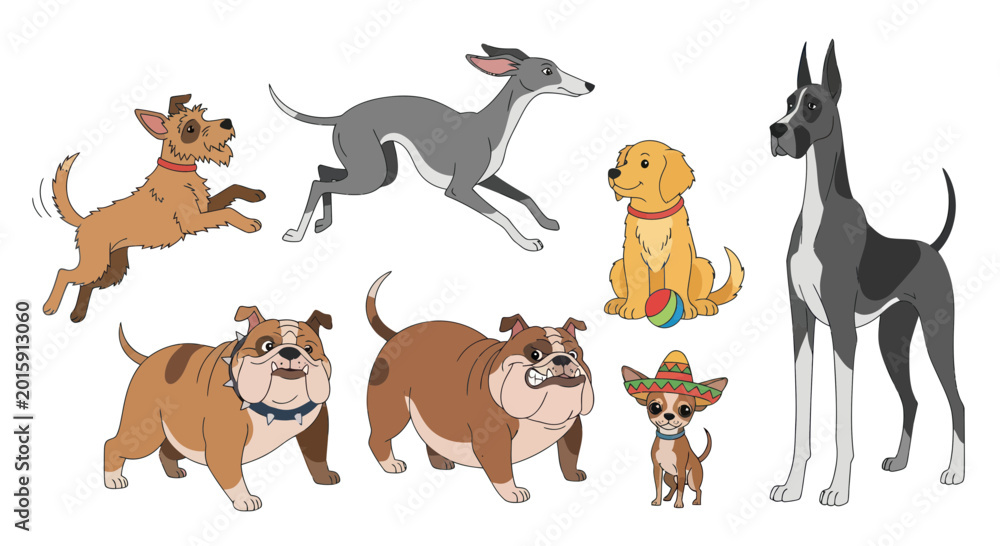 Fototapeta premium Diverse Dog Breeds Collection - Cartoon Style
