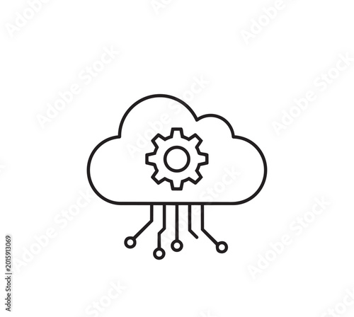Cloud computing automation icon with gear and integrated circuits.