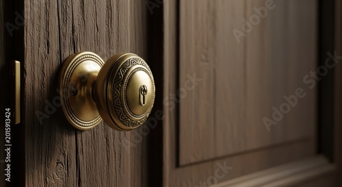 Ornate Brass Doorknob on a Textured Wooden Door