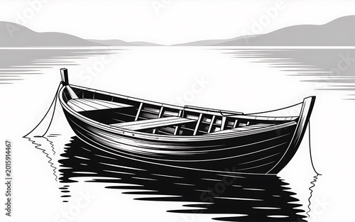 Boat rests calmly upon the still water of a lake during a quiet morning setting.