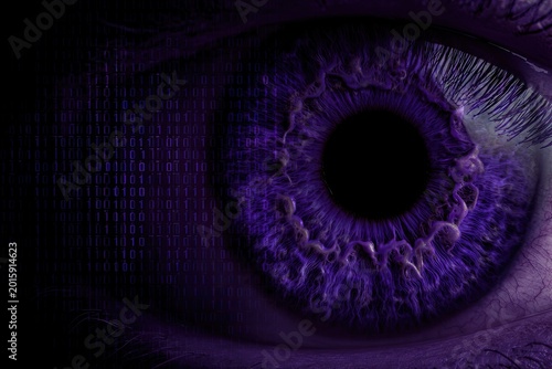 Close-up of a violet iris overlaid with glowing digital binary code