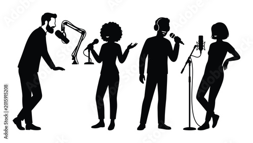 Bild auf Leinwand podcast hosts and speakers silhouette with microphones in a black and white styl