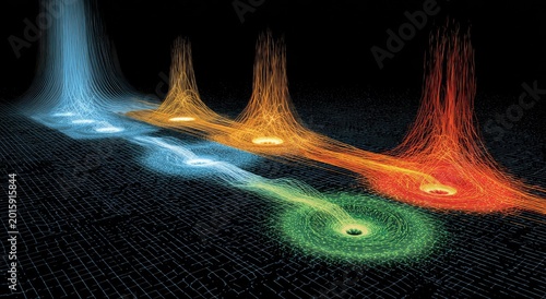 Swirling energy streams flow across a grid, changing color