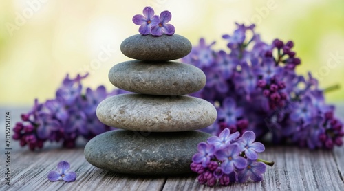 Stacked zen stones with purple lilac flowers create peaceful balance. Natural elements arranged on rustic wood surface evoke calm and harmony. Perfect for wellness or spa themes.