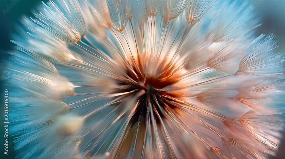 Fototapeta premium Close-up of a fluffy dandelion seed head with glowing warm and cool tones