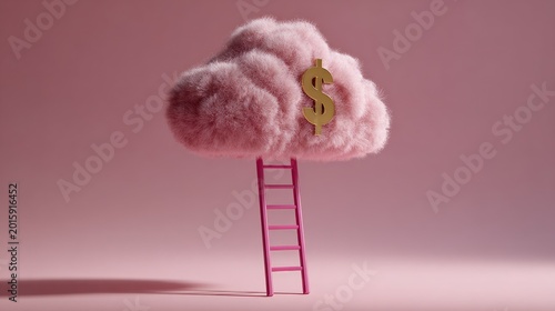 A fluffy pink cloud with a golden dollar sign and a pink ladder