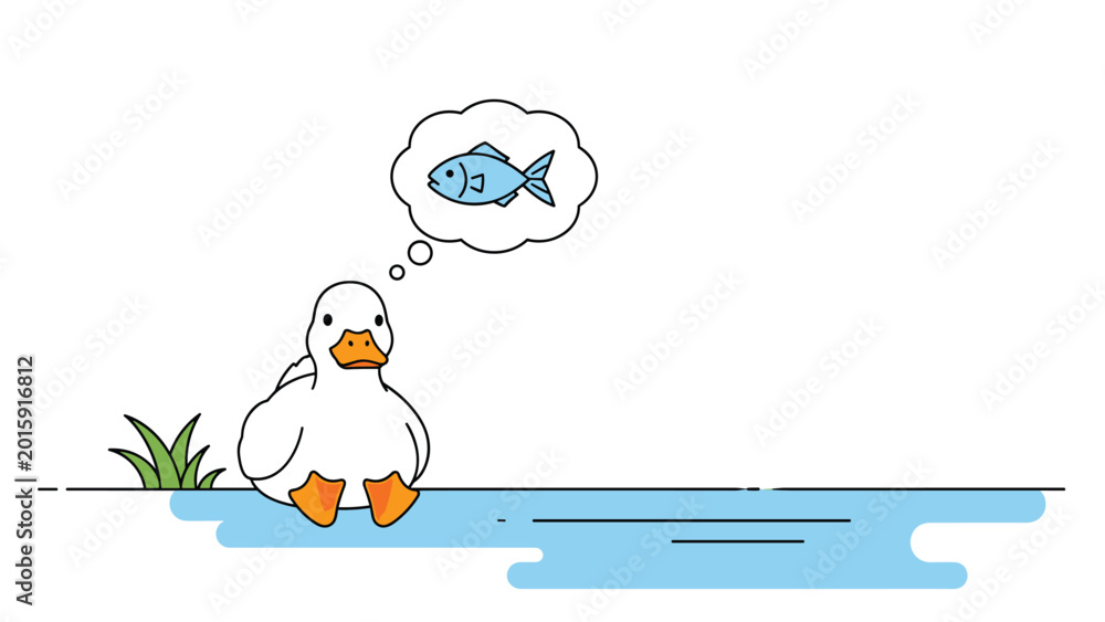 Obraz premium Small white duckling sits by a blue pond and daydreaming about catching a fish in this cute and simple vector style illustration.