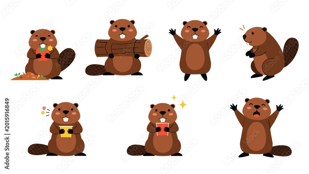 Fototapeta premium Series of cute brown beaver characters shown in different poses such as holding a log, eating an apple, and cheering with excitement.