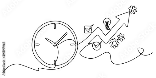 Continuous line drawing of a clock time management productivity, line art vector illustration
