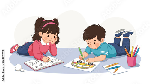 Adorable little boy and girl lying on their stomachs on the floor while happily coloring in their notebooks with bright pencils.