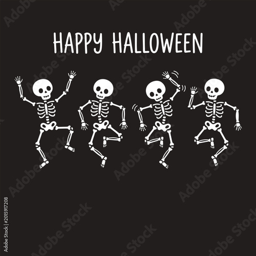 Bild auf Leinwand Dancing skeletons illustration with happy halloween text on black background