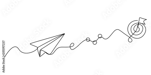 Continuous line drawing of a paper airplane direction strategy goal, line art vector illustration