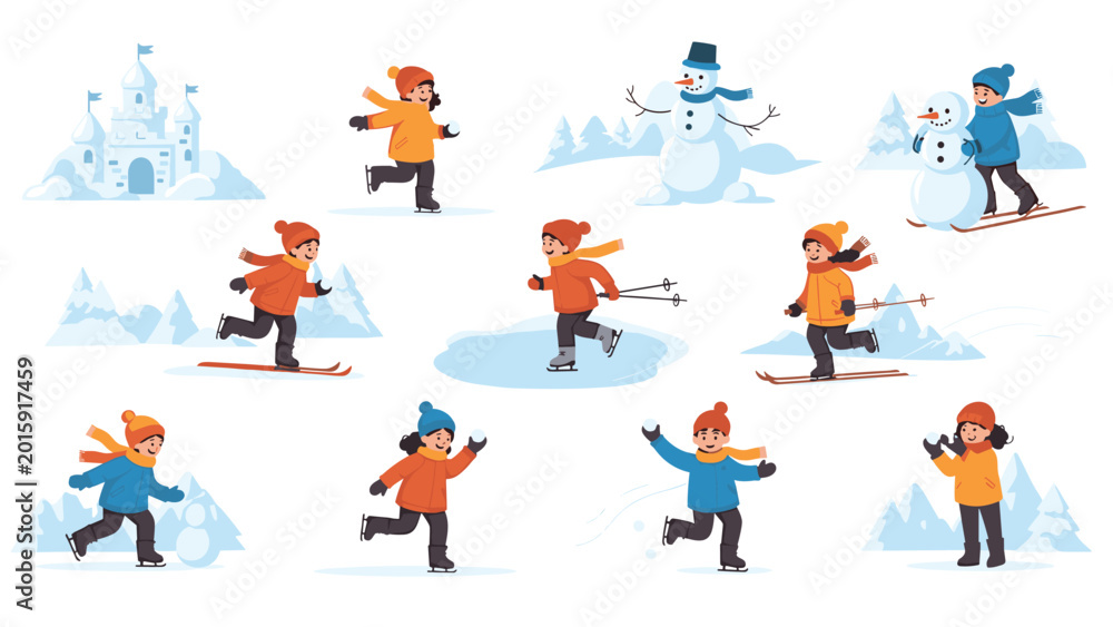 Fototapeta premium Joyful winter scene showing children ice skating, skiing, building snowmen, and playing in a snowy mountain park.
