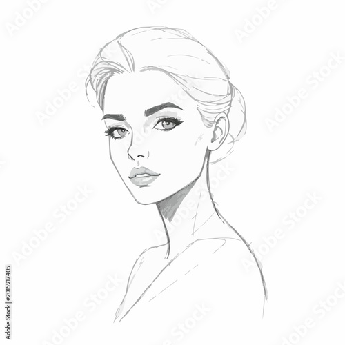 Beautiful young woman sketch with elegant expression on white background