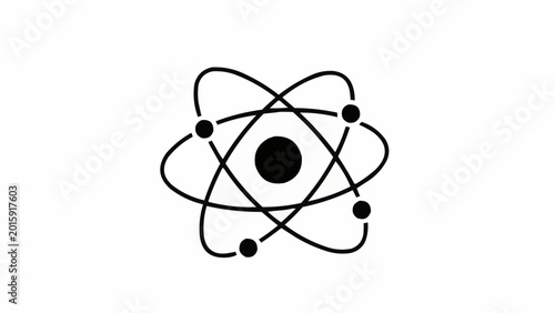Abstract atomic structure illustration, minimalistic design, black and white colors, concept