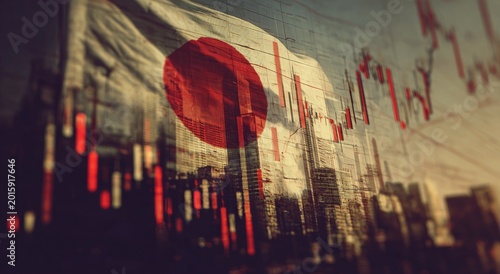 Japanese flag over city skyline and stock market charts