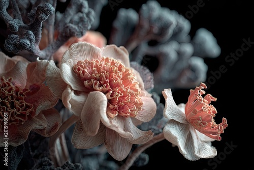 Delicate coral-hued blossoms unfurl against a dark, textured backdrop