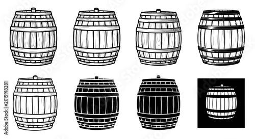Wooden Barrels Collection: Hand-drawn Illustrations of Various Oak Casks
