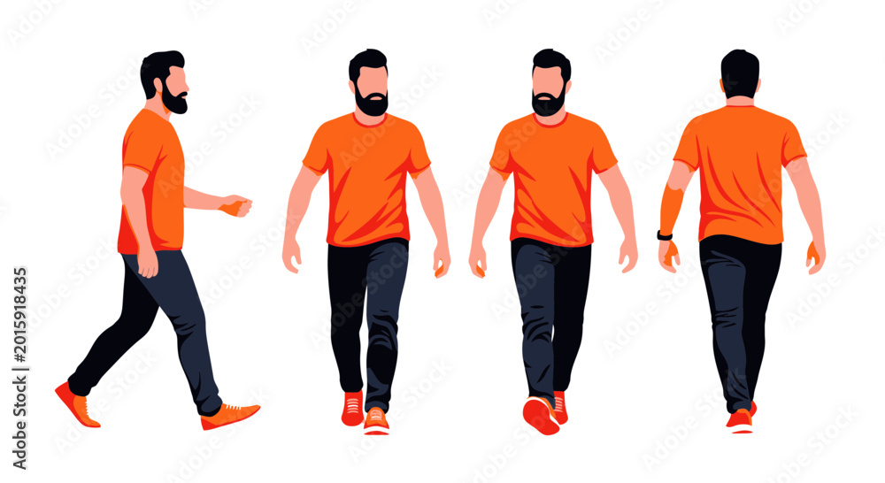 Obraz premium Man Walking Cycle Animation, Front, Side, Back Views, Flat Design