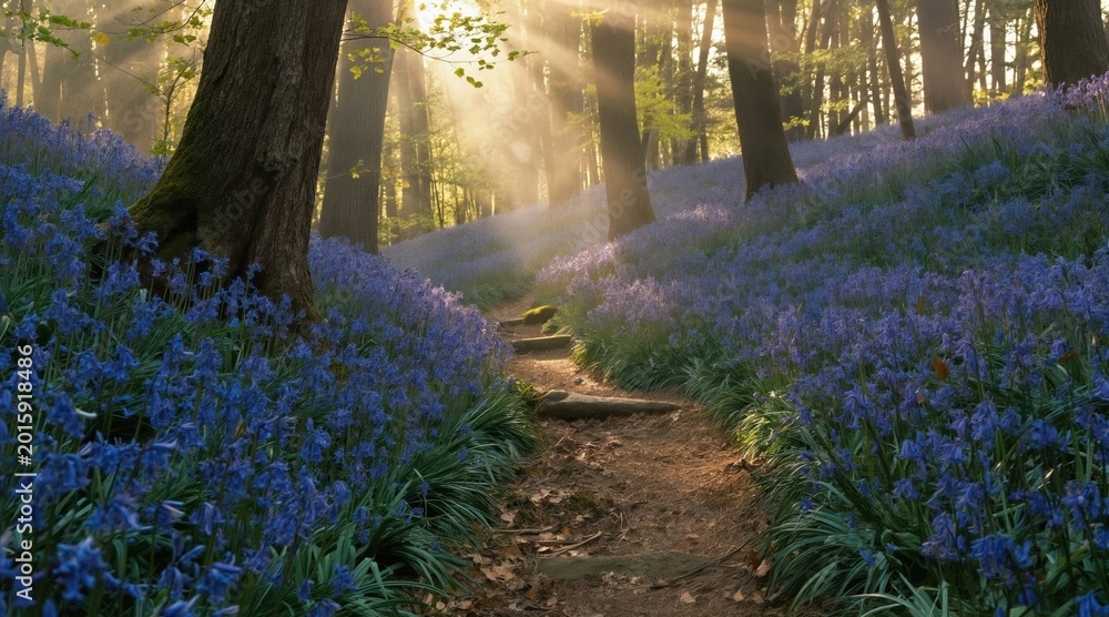 Fototapeta premium Forest path winds through bluebells under sunbeams. Sunlight streams through trees onto a blooming meadow. Nature trail leads through dense woods, a magical woodland scene.