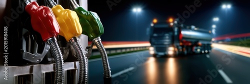 Fuel pump nozzles with long exposure road and approaching fuel truck at night, illustrating energy and transport logistics concept image with copy space