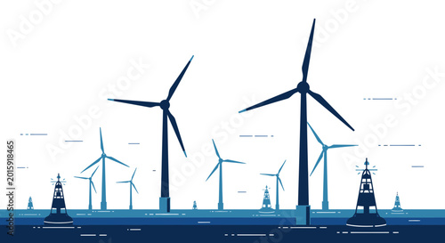 Offshore wind farm with turbines and buoys at sea, renewable energy concept