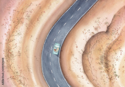 A young girl in a turquoise convertible drives along a desert road alone. Desert landscape, free mood, relaxation. Watercolor painting. 