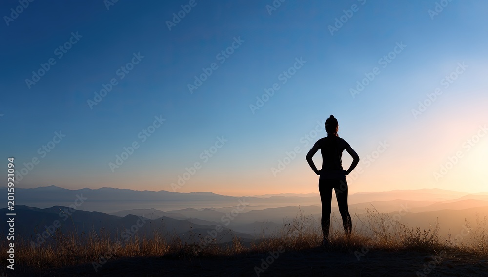 Fototapeta premium Silhouette of a woman standing on a mountaintop at sunrise