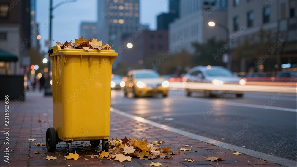 Naklejka premium A bright yellow trash bin filled with autumn leaves stands on a brick sidewalk, surrounded by falling leaves and a bustling urban backdrop at dusk.