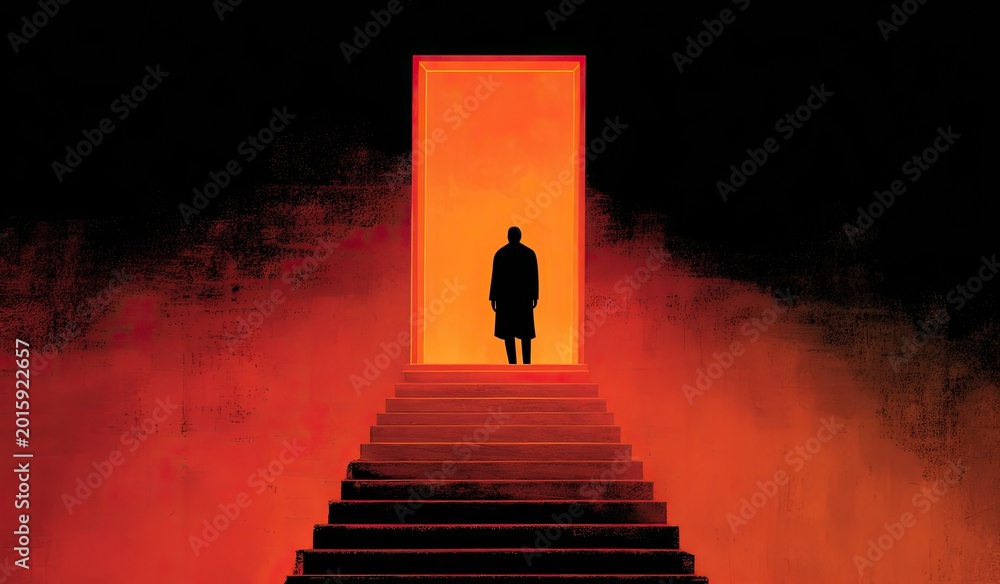 Fototapeta premium Silhouette stands at top of glowing stairs leading to bright portal