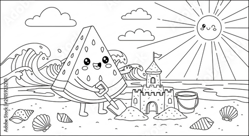 Cute Watermelon Character Building Sandcastle on Sunny Beach.