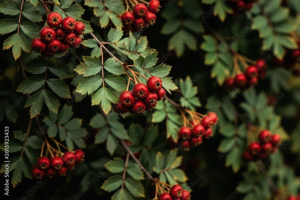 Fototapeta premium Red hawthorn berries ripen on green branches in autumn. This natural plant is used in herbal medicine for health. Small fruits grow in clusters on thorny bushes.