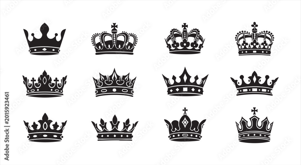 Obraz premium Luxury crowns set vector illustration isolated on white background black and white.